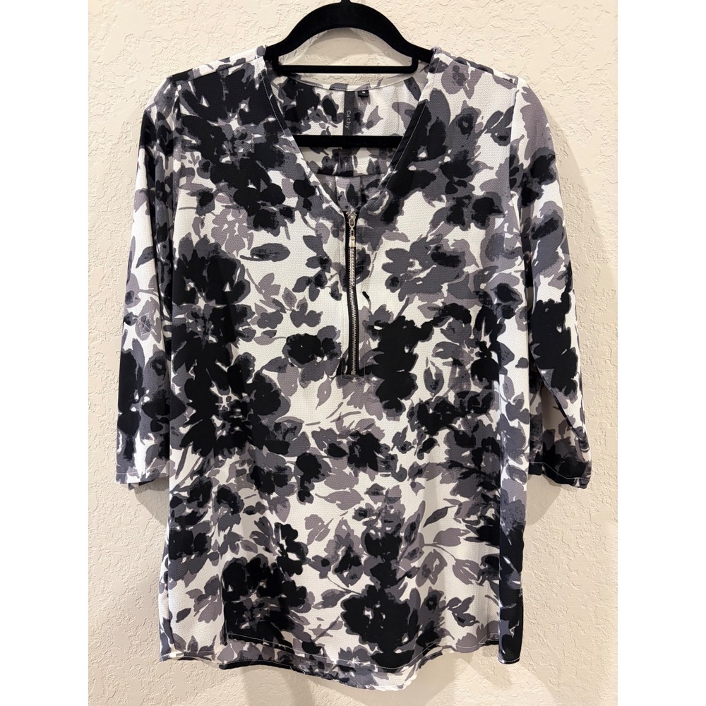 Cathy Women Floral Half Zip Blouse Black White Grey 3/4 Sleeve Top Small